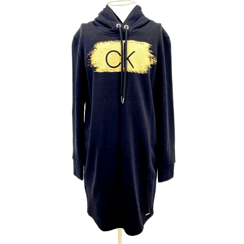 NWOT CALVIN KLEIN Black Gold CK Metallic Hoodie Hooded Long Sleeve Dress Sz S